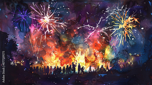 Bonfire Night in the UK with bonfires and fireworks Watercolor Illustration Art for English Festival.