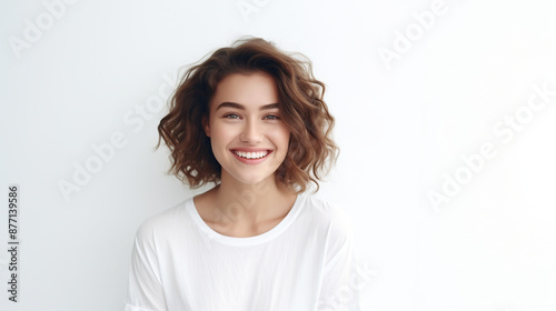 Portrait of happy woman, white color background banner with copy space. photography.