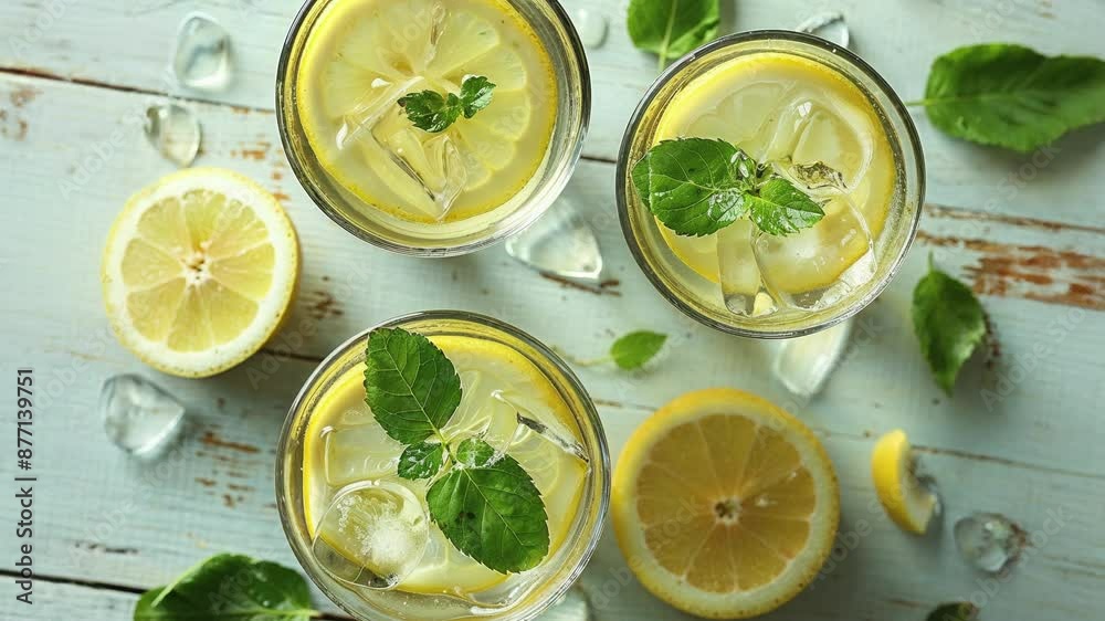 Refreshing Lemon Drinks with Mint on Rustic Wooden Background