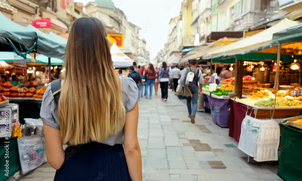 Young woman shopping at local market in Istanbul, Turkey. Back view Young woman shopping at local market in Istanbul, Turkey. Back view