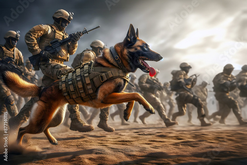 Military dog in action with his handler, war, anti-terrorism photo