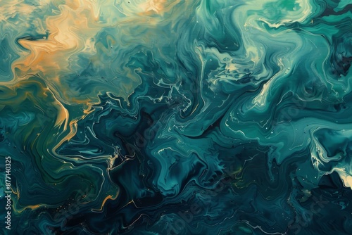 Vibrant swirling abstract colors texture with blue and green marbling, fluid wave pattern, and organic gradient blend for contemporary interior design and artistic canvas decoration © ylivdesign