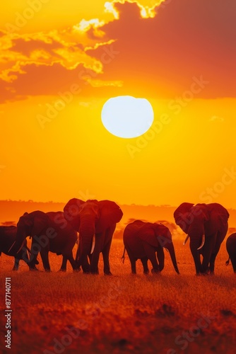  A herd of elephants traverses a dry grass expanse under an intensely orange sky, the sun casting its golden glow behind