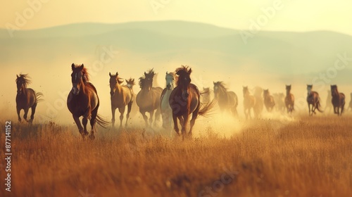  A herd of horses gallops through a sun-scorched grassland Behind them rises a backdrop of distant mountains photo