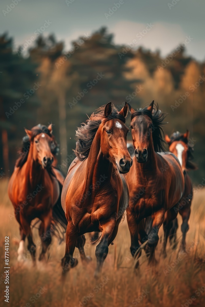 A group of horses gallops through a field of tall grass, with trees silhouetted in the background A group of horses gallops through a field of tall grass, with trees silhouetted in the background