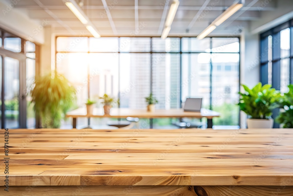 Wooden Tabletop with Blurred Office Background. Wooden Tabletop with Blurred Office Background.