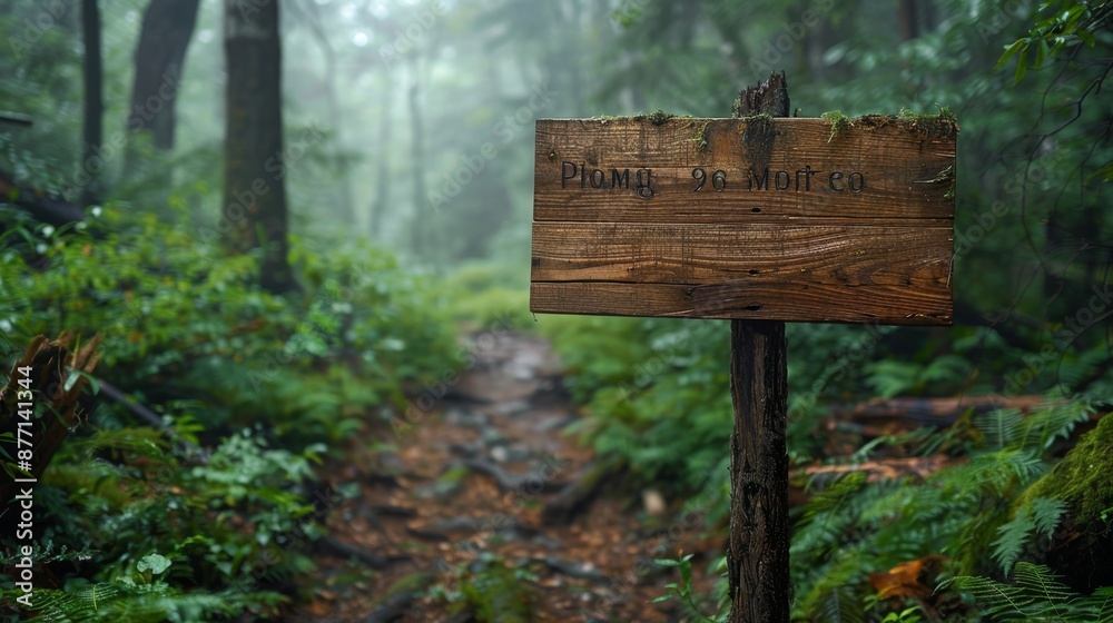 A natural wooden sign board on a hiking trail, surrounded by dense forest and underbrush A natural wooden sign board on a hiking trail, surrounded by dense forest and underbrush
