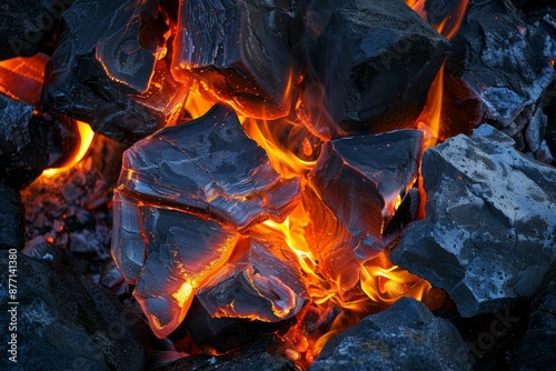 Closeup of glowing charcoal embers with fiery orange flames burning at night. Creating a source of natural warmth and light for a barbecue grill