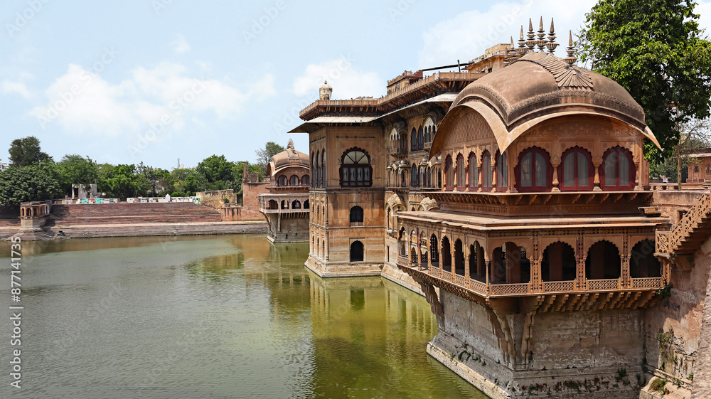 View of Jal Mahal and Bhadon Pavilion on the edge of Gopal Sagar, Deeg Palace, Deeg, Rajasthan, India. View of Jal Mahal and Bhadon Pavilion on the edge of Gopal Sagar, Deeg Palace, Deeg, Rajasthan, India.