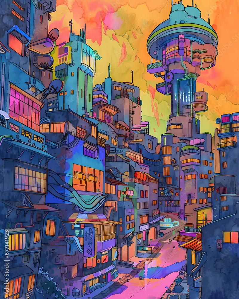 Fototapeta premium Colorful Futuristic Cityscape with Elevated Structures and Walkways