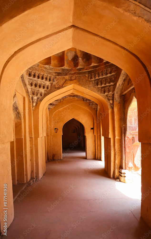 Naklejka premium Beautiful arches architecture of Jahaz Mahal, built during the Lodi era around the 15th century, Mehrauli, Delhi.