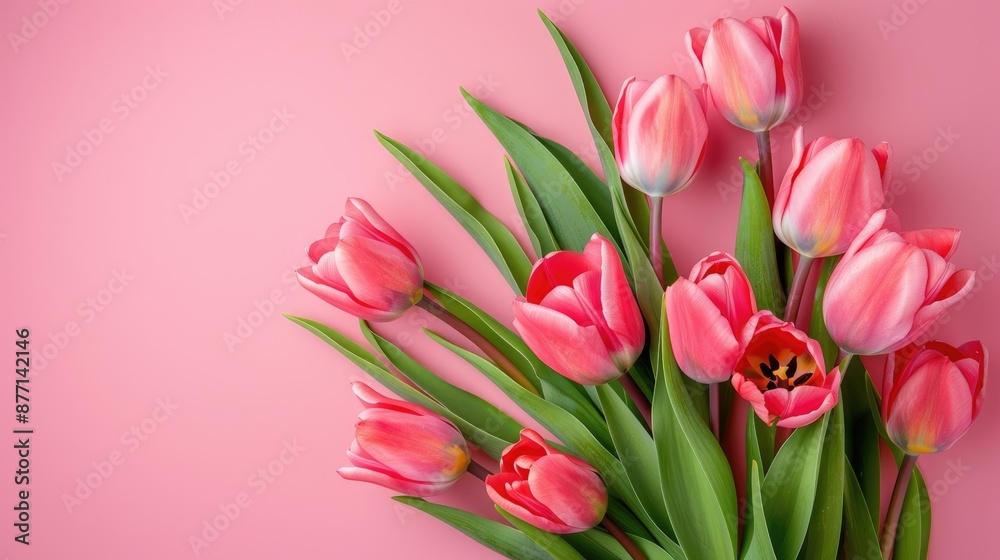 Fresh tulip bouquet on pink background with space for text Fresh tulip bouquet on pink background with space for text