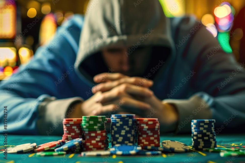 A person playing cards wearing a hooded sweatshirt and surrounded by poker chips A person playing cards wearing a hooded sweatshirt and surrounded by poker chips