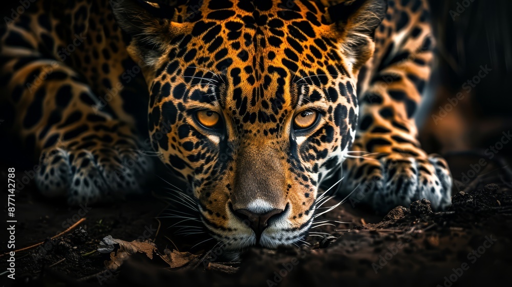 Obraz premium A tight shot of a leopard's face hovering over leaf-strewn ground