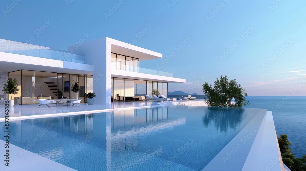 A large white house with a pool and a balcony overlooking the ocean A large white house with a pool and a balcony overlooking the ocean