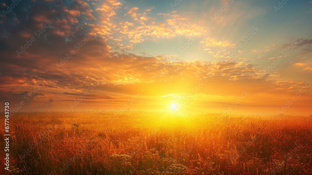 Autumn Sunrise: Meadow and Sky Background with Sunshine and Beautiful Clouds Autumn Sunrise: Meadow and Sky Background with Sunshine and Beautiful Clouds