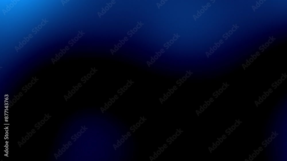Glowing light blue and royal blue gradient flow on black background 4K. Blurred lights. Flashes on dark backdrop for cover, technology banner, web design. Flowing motion. Fluid animation. Grainy noise