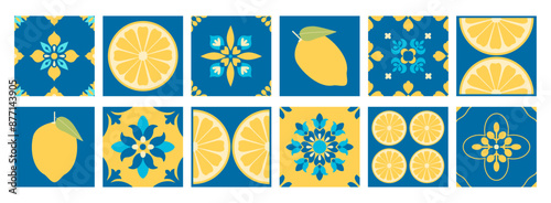 Blue and yellow floral geometric pattern with lemons. Ornate arabesque. Italian, Portuguese, Spanish, Moroccan tiles background. Mediterranean traditional style. Mosaic. Vector illustration
