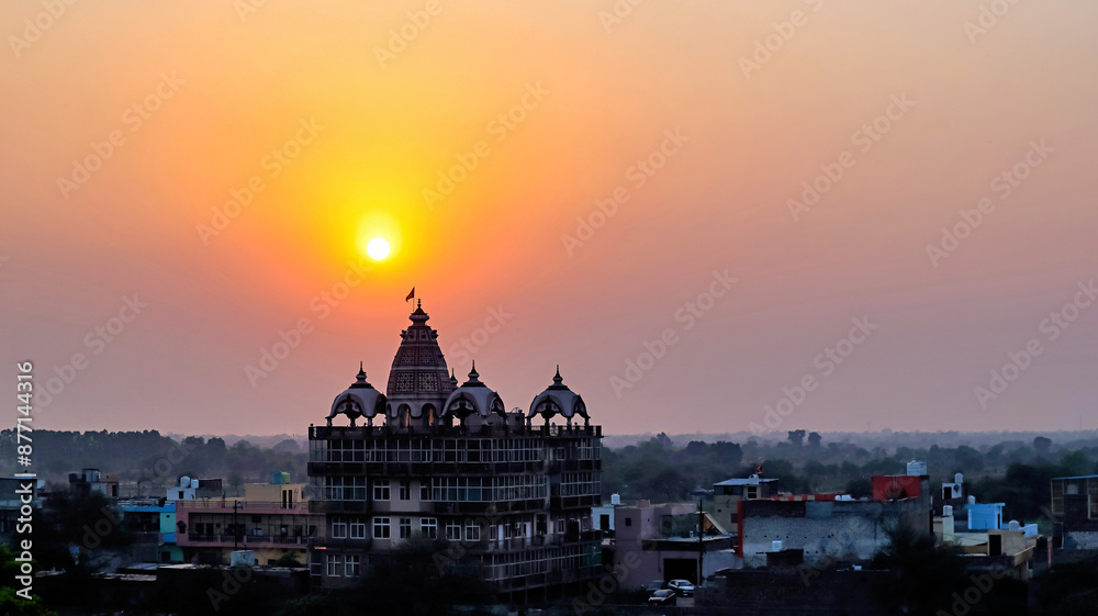 Fototapeta premium Beautiful sunset view with temple, Vrindavan, Mathura, Uttar Pradesh, India.