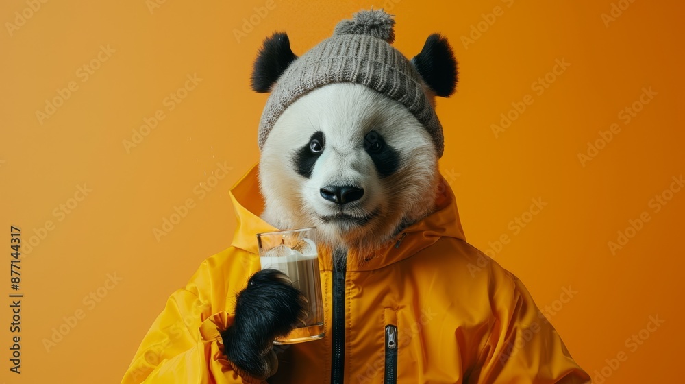 A trendy panda in a tracksuit and beanie, holding a glass of Bailey on the rocks, against an orange studio backdrop 6a A trendy panda in a tracksuit and beanie, holding a glass of Bailey on the rocks, against an orange studio backdrop 6a