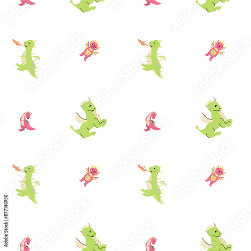 Cute childrens dragons pattern with fairy funny character. Childish seamless background with fantasy animal and house or castle. Kids nursery, boys design. Cute magic creatures endless print.
