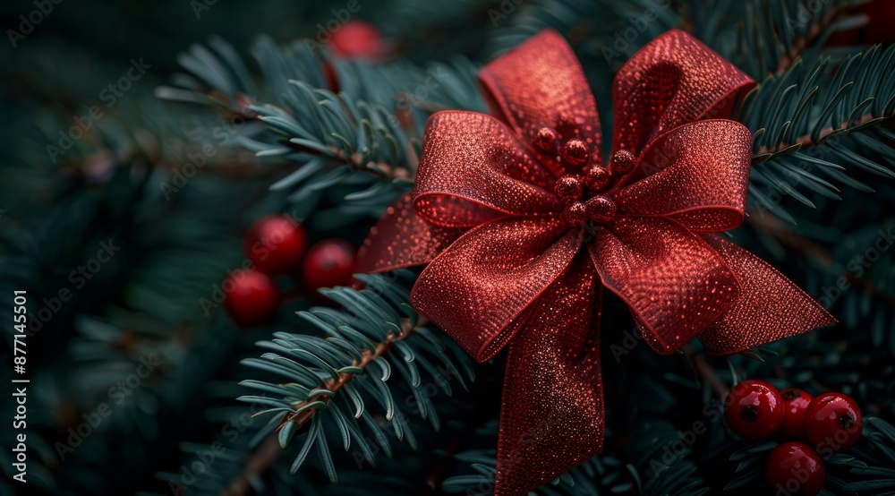 Close-up of a red Christmas bow on a decorated tree. Perfect for holiday themes and festive concepts. Copy space. Close-up of a red Christmas bow on a decorated tree. Perfect for holiday themes and festive concepts. Copy space.
