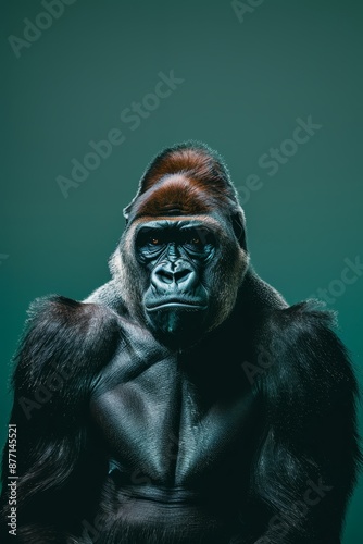  A gorilla facing camera, green backdrop, hands in pockets, serious expression
