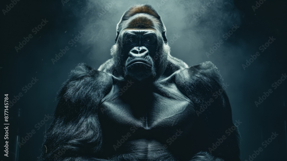 A gorilla stands in the darkness, hands on hips, face hidden within his dense fur A gorilla stands in the darkness, hands on hips, face hidden within his dense fur