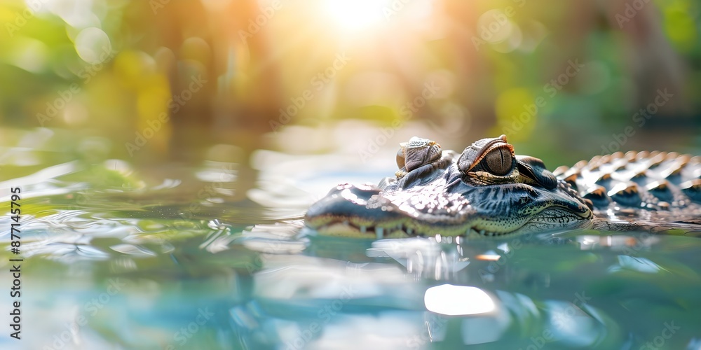 Fototapeta premium Closeup of large alligator in water with trees sunlight and reflections. Concept Nature Photography, Wildlife capture, Animal Portraits, Swamp Scenes, Sunlit Reflections