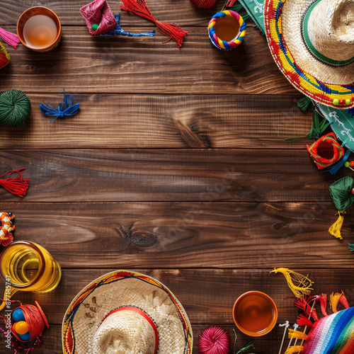 Cinco de Mayo wooden table from above banner US Mexican Festival on 5th of May Top Down With Straw Hats.