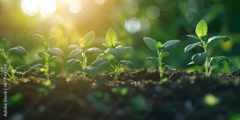 Young plants grow naturally in sunlight benefiting from photosynthesis ...