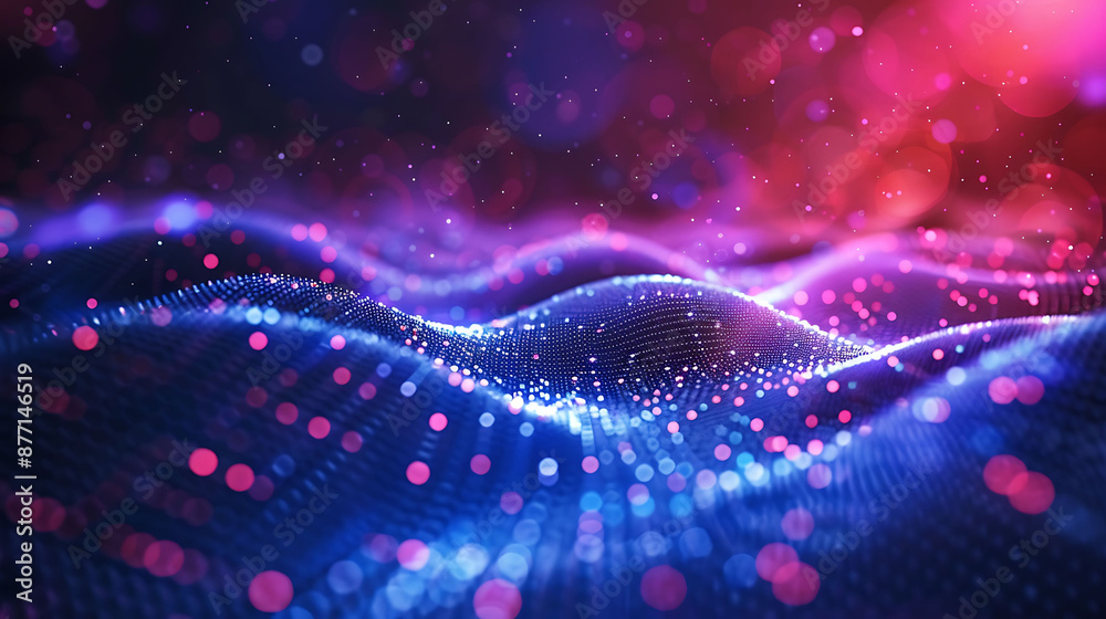 Futuristic glowing blue and pink digital landscape with flowing wave pattern of tiny dots and particles Futuristic glowing blue and pink digital landscape with flowing wave pattern of tiny dots and particles