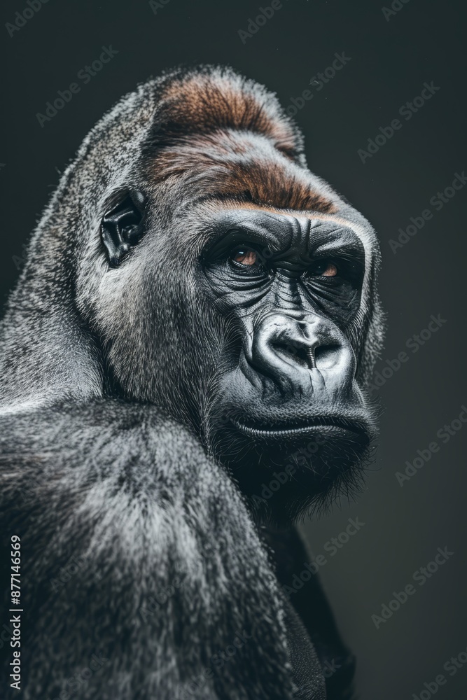  A gorilla's intense face up close against a black backdrop