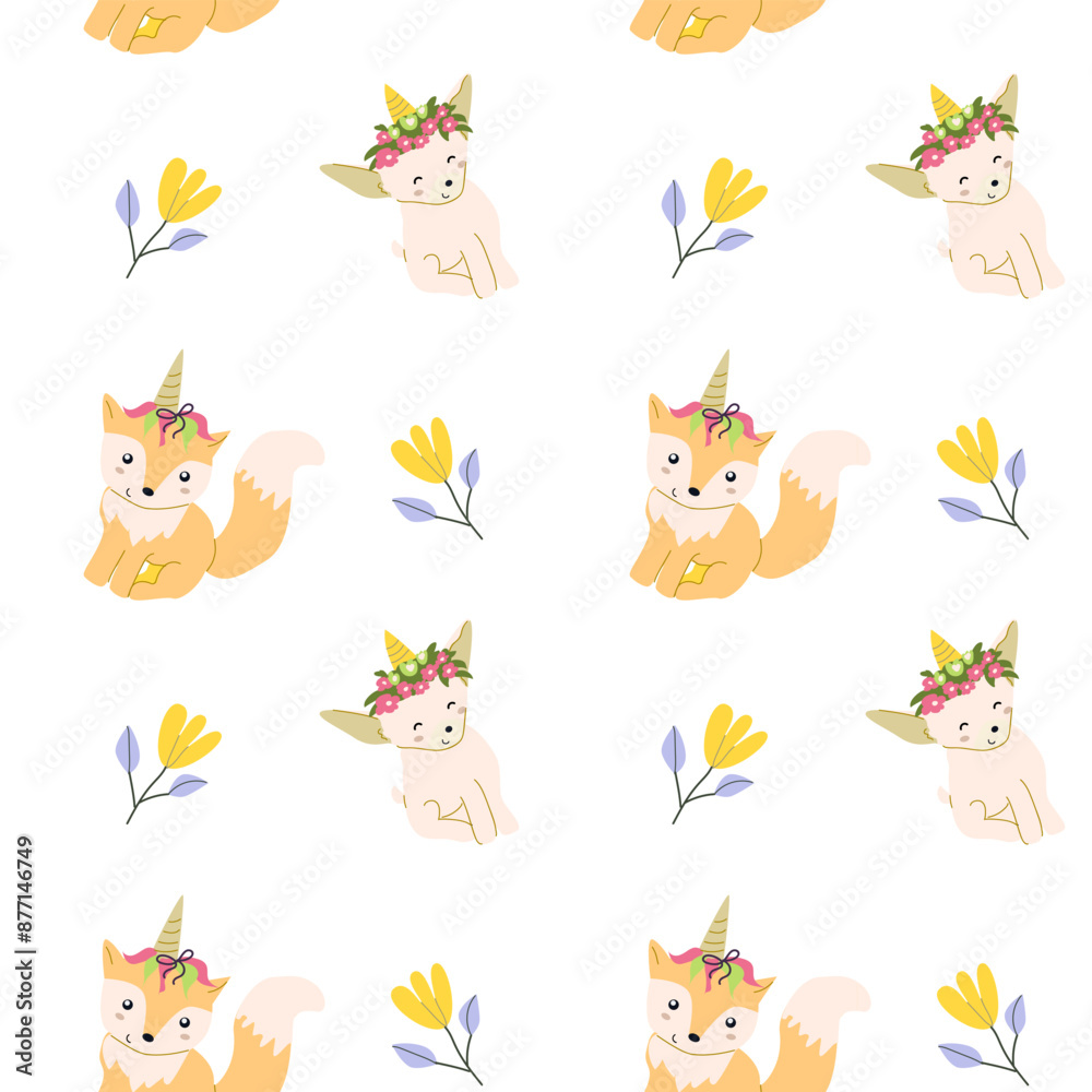 Cute unicorn seamless pattern for textile. Childish magic characters background. Childrens fairy and magic pattern.