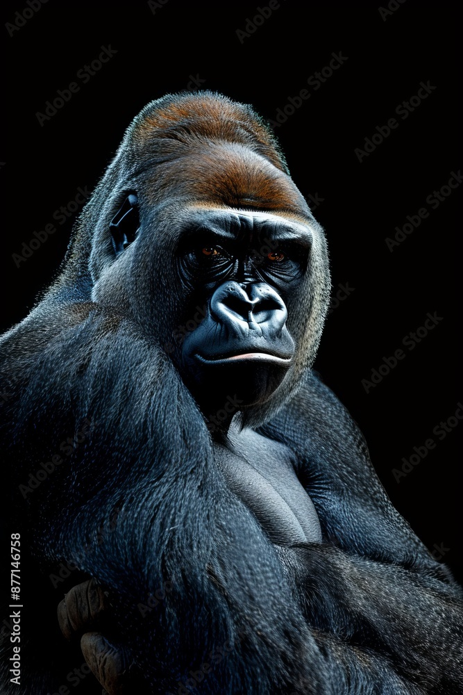Obraz premium A tight shot of a gorilla's face as it rests its hands on its chest