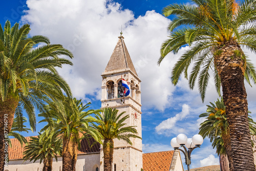 Landmarks and church tower bell in UNESCO town of Trogir in Croatia