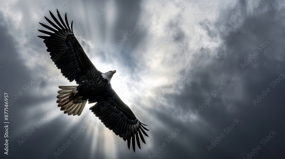 Obraz premium A bald eagle soars in the sky, sun gleaming through scattered clouds behind