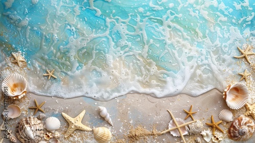 Beauty of the sea during summer, shades of blue to capture the ocean's depth and movement, with touches of beige to represent sandy shores and ornamental elements background, ai generated © Seussi