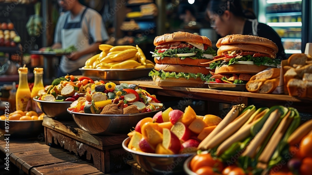 Fototapeta premium A Street Food Feast Close-up of Colorful Fruits and Vegetables with Two Stacked Burgers, street food, asian food, food stall, night market