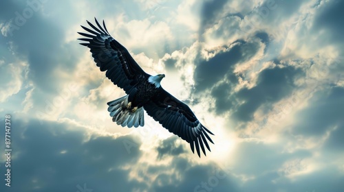  An eagle soars through a cloudy sky with widely opened wings, as the sun peeks behind the clouds © Viktor