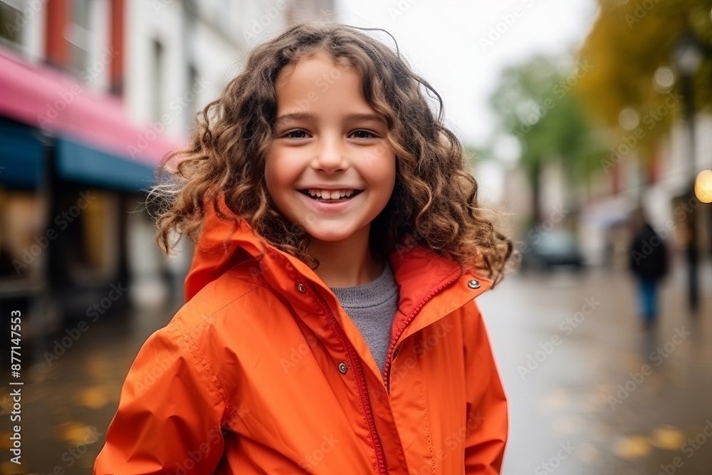 Portrait of smiling little girl in orange jacket standing in the street Portrait of smiling little girl in orange jacket standing in the street