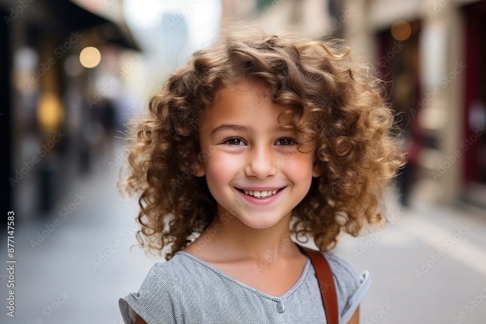 Portrait of a smiling little girl with curly hair in the city Portrait of a smiling little girl with curly hair in the city