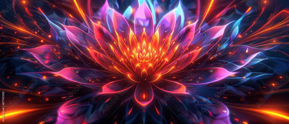 Abstract glowing flower in vibrant red, pink, and blue hues. Abstract glowing flower in vibrant red, pink, and blue hues.