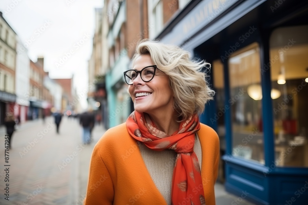 Portrait of a beautiful middle aged woman wearing glasses and red scarf in the city