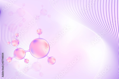 Violet molecule beauty background, 3D bio cell. Lavender gradient wallpaper with copy space for cosmetology, bio molecule abstract scientific icon. Beauty, skin care molecular atom illustration