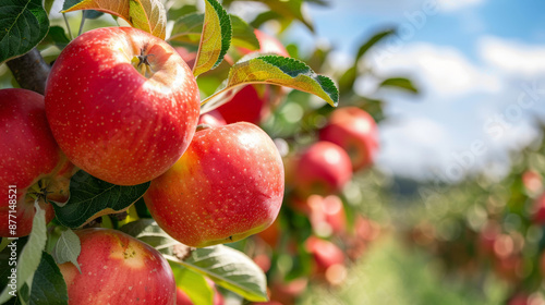 Fresh Ripe Red Apples on Tree Branch with Green Leaves in Orchard Close-Up