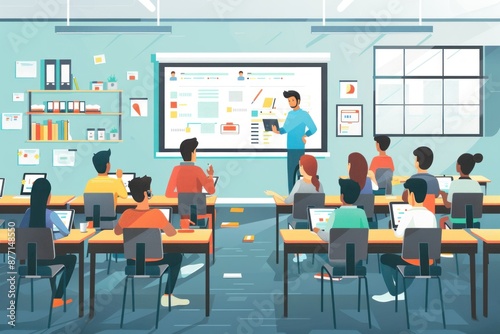 Flat design illustration of a modern classroom setting with students engaged in a group discussion while using tablets and laptops. The teacher stands at the front of the class using an interactive © Thanyaporn