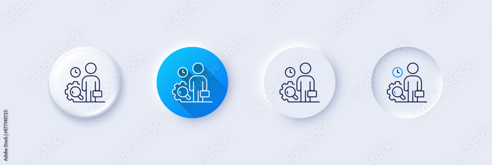 Inspect line icon. Neumorphic, Blue gradient, 3d pin buttons. Quality research sign. Person verification symbol. Line icons. Neumorphic buttons with outline signs. Vector Inspect line icon. Neumorphic, Blue gradient, 3d pin buttons. Quality research sign. Person verification symbol. Line icons. Neumorphic buttons with outline signs. Vector