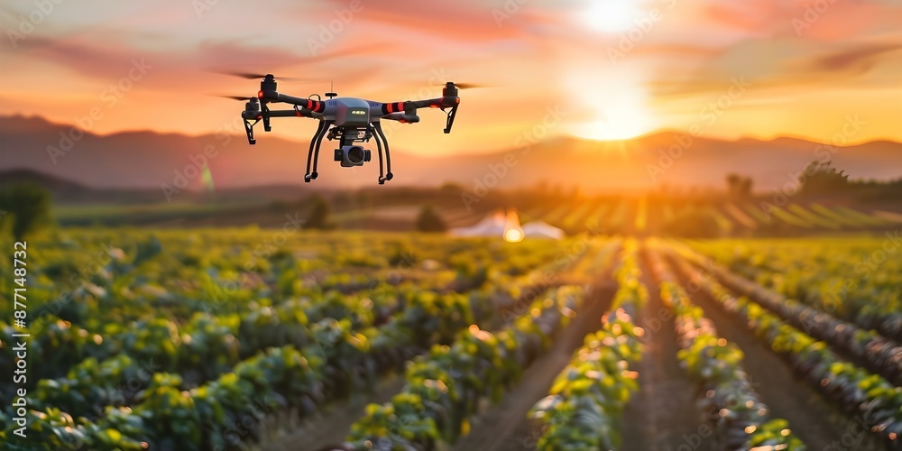 Modern farm with drones pollinating crops and automated machinery panoramic view. Concept Drones, Farming Technology, Automated Machinery, Modern Agriculture, Panoramic View Modern farm with drones pollinating crops and automated machinery panoramic view. Concept Drones, Farming Technology, Automated Machinery, Modern Agriculture, Panoramic View