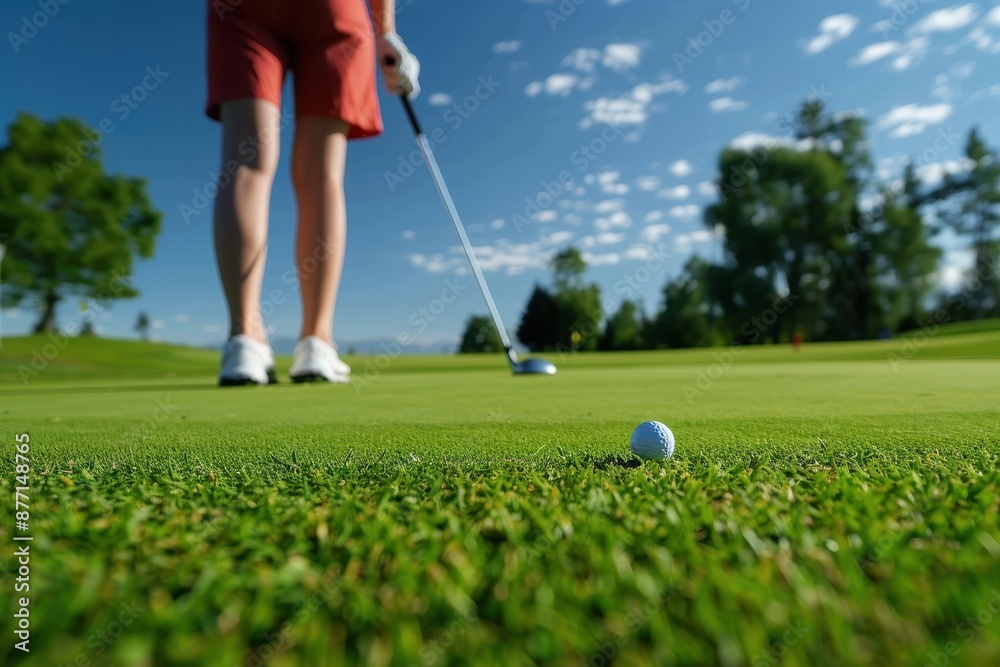 Fototapeta premium Precision in Putting: Golfer Concentrating on Perfect Stroke on Green Grass